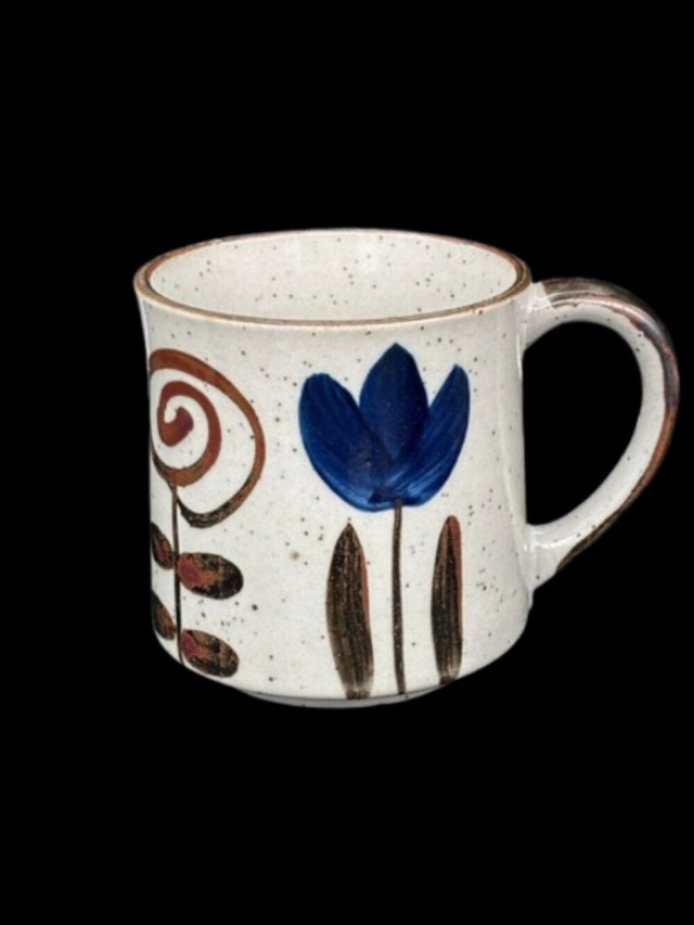 Vintage Otagiri Japan Cobalt Blue Brown Floral Speckled Stoneware Mugs Set 2 - Picture 2 of 7